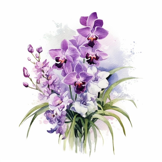 A bouquet of orchids with purple flowers.