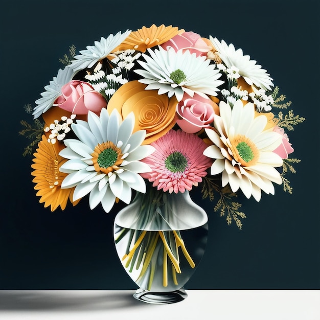 A bouquet of paper flowers is in a vase on a table.