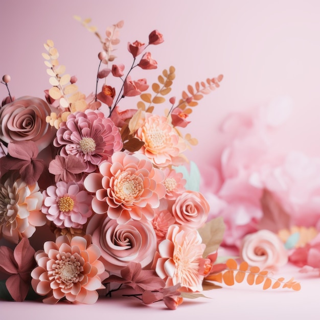 a bouquet of paper flowers on a pink background