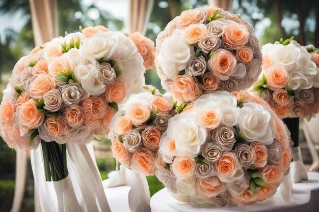 a bouquet of peach and peach roses