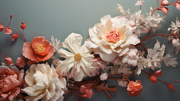 bouquet of peonies on a blue pastel background