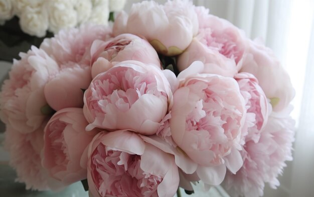 A bouquet of peonies is displayed in a vase.