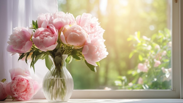 Photo bouquet of peonies in a vase with copy space as a greeting card concept for womens day and mothers