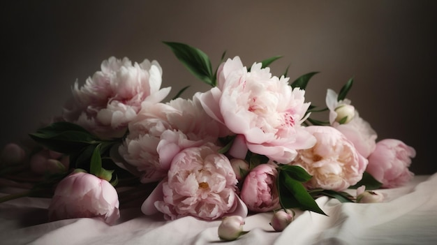 A bouquet of peonies on a white sheet