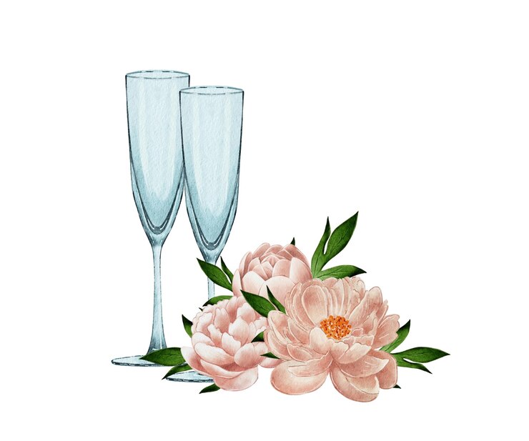 Photo ガラスの花瓶と結婚式のシャンパングラスにユーカリの花束