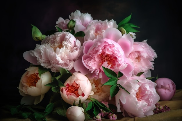 A bouquet of peonies with a green leaf on the top.
