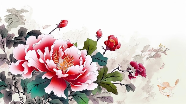 흰색 배경에 분홍색 꽃이 있는 모란 꽃다발