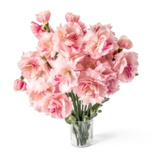 A bouquet of pink carnations in a glass vase.