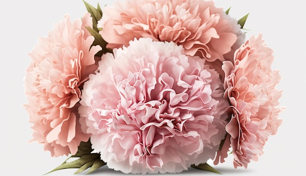 A bouquet of pink carnations with a white background.