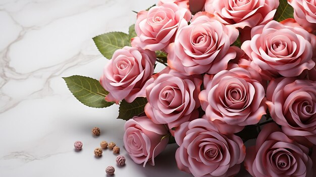 Bouquet of pink flowers roses on a white background with space for text Top view f Generative AI