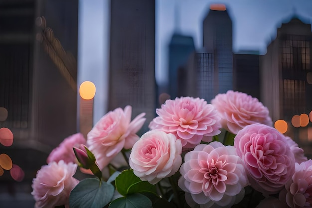 a bouquet of pink flowers with the city skyline in the background