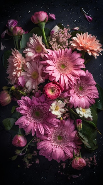 A bouquet of pink flowers with a green leaf on the top