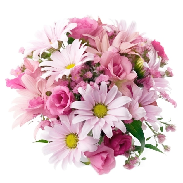 A bouquet of pink flowers with white and yellow center.