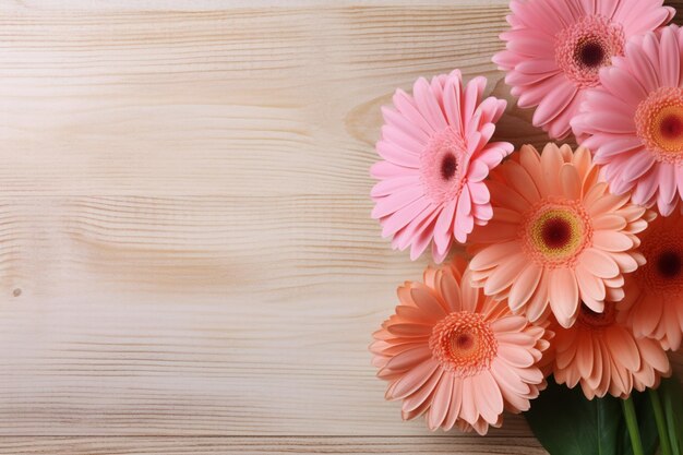 A bouquet of pink flowers on a wooden table