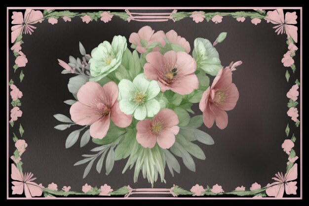 A Bouquet Of Pink And Green Flowers On A Black Background
