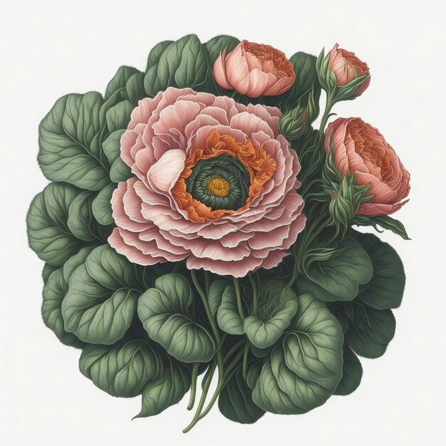 a bouquet of pink and green Ranunculus flowers on a white background