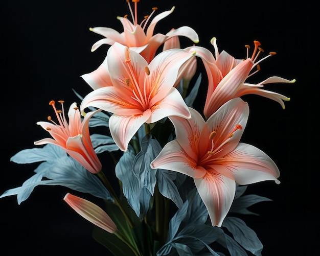 a bouquet of pink lilies on a black background