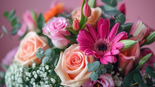 Bouquet of pink and orange flowers on a table