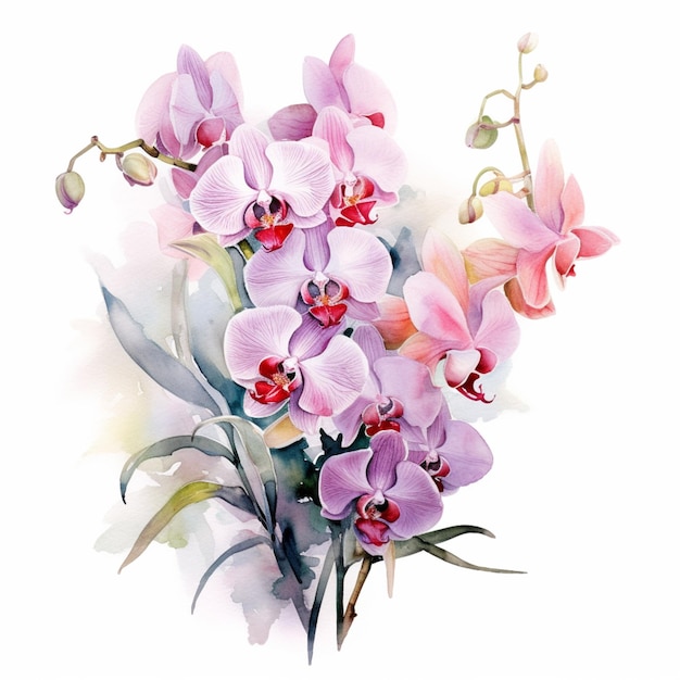 A bouquet of pink orchids with green leaves