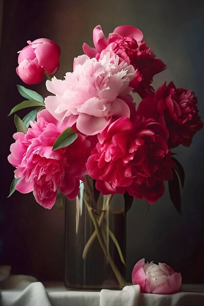 Bouquet of pink peonies in glass vase on dark background