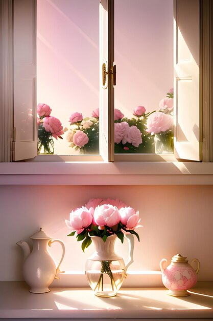 A bouquet of pink peonies in a pink vase by the window catches the morning light ai generative