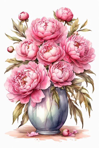 Photo bouquet of pink peonies in a vase watercolor illustration