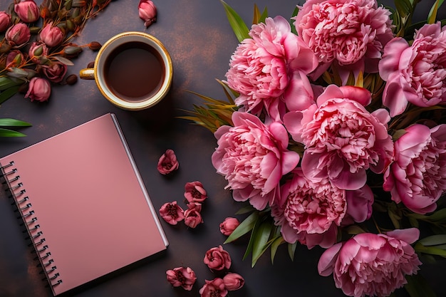 Bouquet of pink peonies with cup of coffee notepad on table top view AI generated flower card