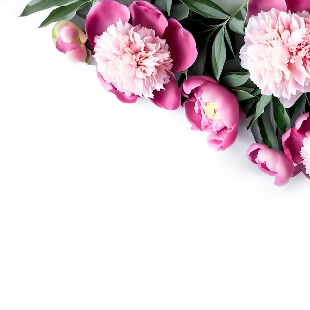 A bouquet of pink peonies with green leaves on a white background.