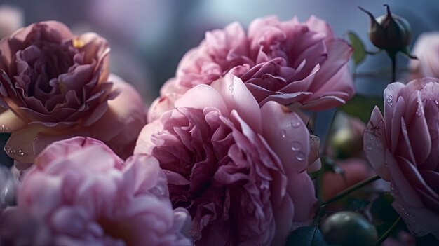 水滴がついたピンクの牡丹の花束。