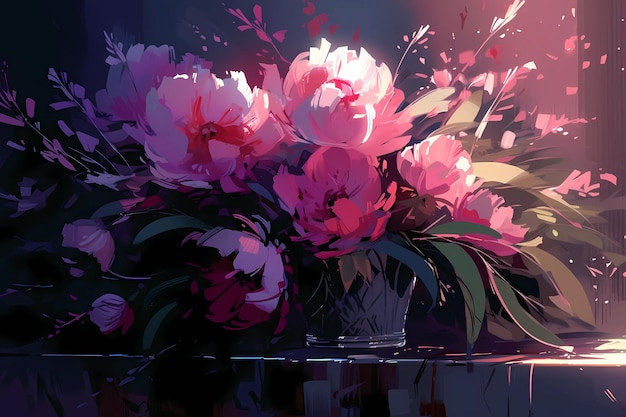 A bouquet of pink and purple peonies digital art illustration