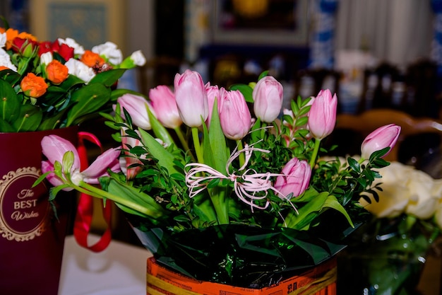 bouquet of pink purple tulips