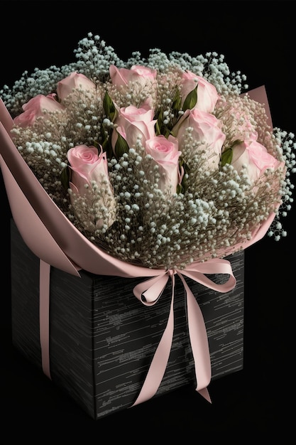 Bouquet of pink roses and babys breath in a black box generative ai