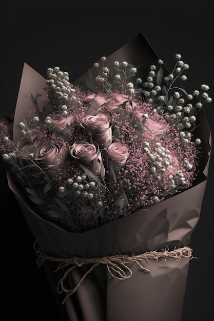 Bouquet of pink roses and babys breath generative ai