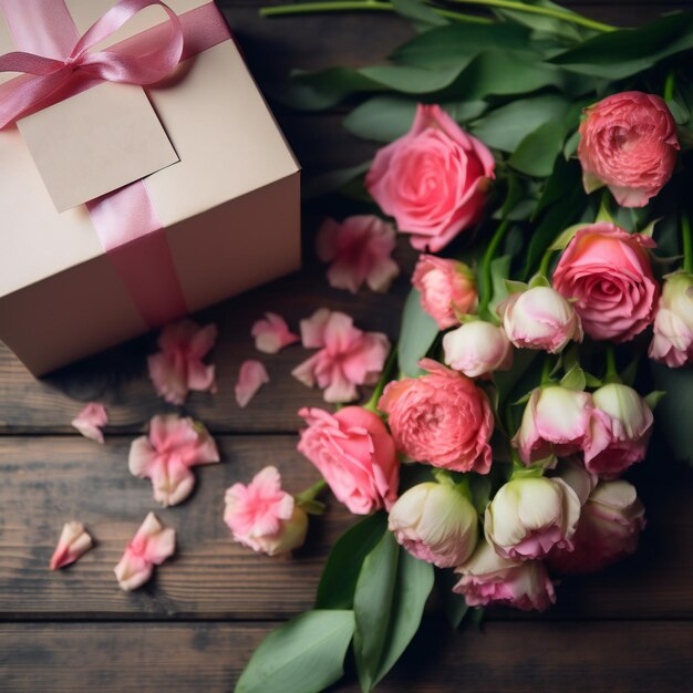 A bouquet of pink roses next to a box with a pink ribbon that says'flowers'on it