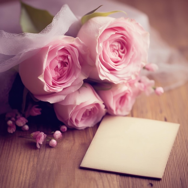 A bouquet of pink roses is next to a card and a card.