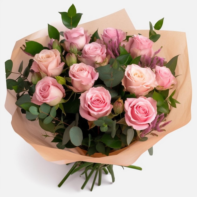 A bouquet of pink roses is wrapped in a paper wrap.