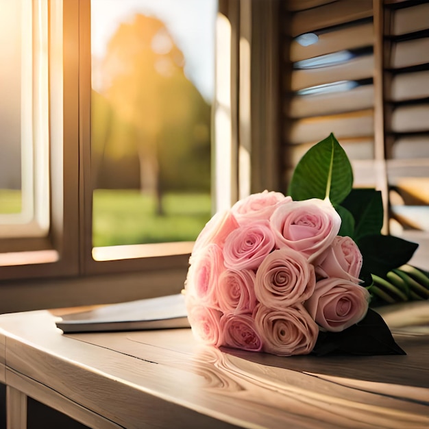 A bouquet of pink roses sits on a desk in front of a window