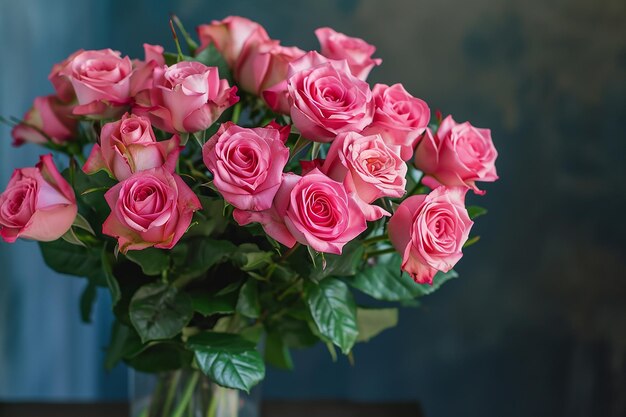 bouquet of pink roses in a vase in the mood for love