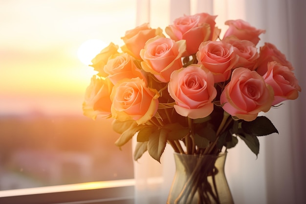 테이블 일몰 빛 발렌타인 데이에 꽃병에 핑크 장미 꽃다발