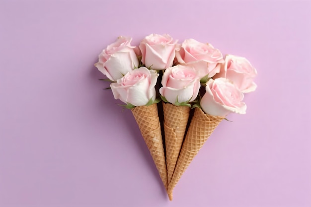 A bouquet of pink roses in a waffle cone on a pink background