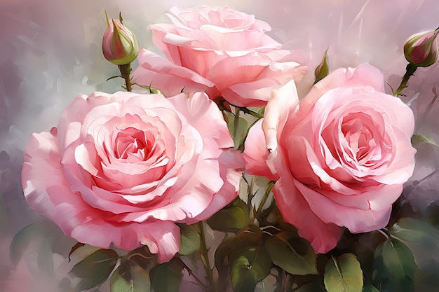 Bouquet of pink roses on a white background Digital painting Digital oil painting of beautiful pink roses AI Generated