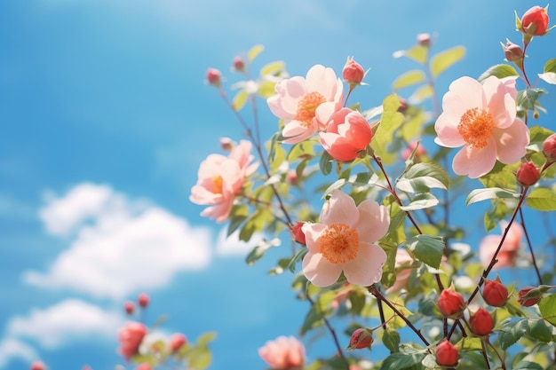 a bouquet of pink roses with a blue sky in the background.