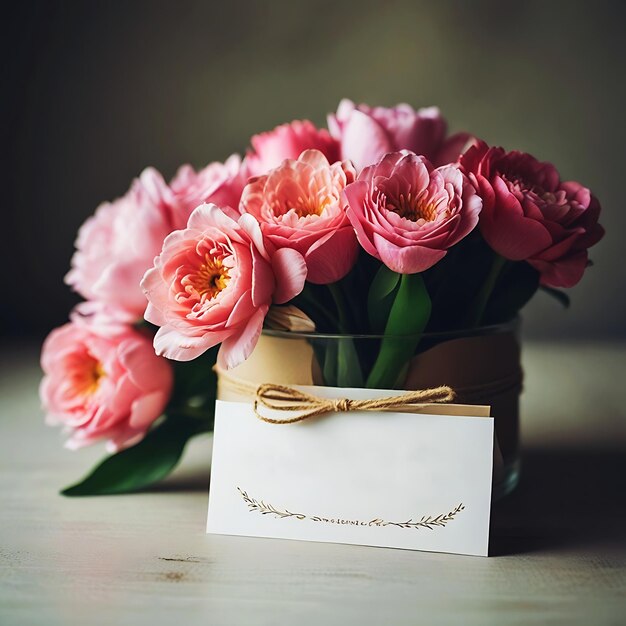 A bouquet of pink roses with a card on it