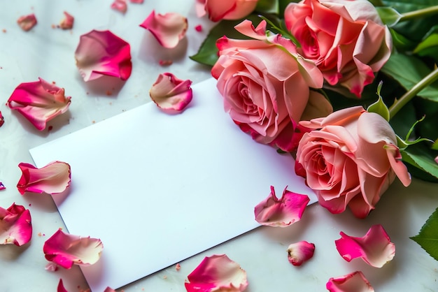 bouquet of pink roses with empty blank white greeting card for celebration