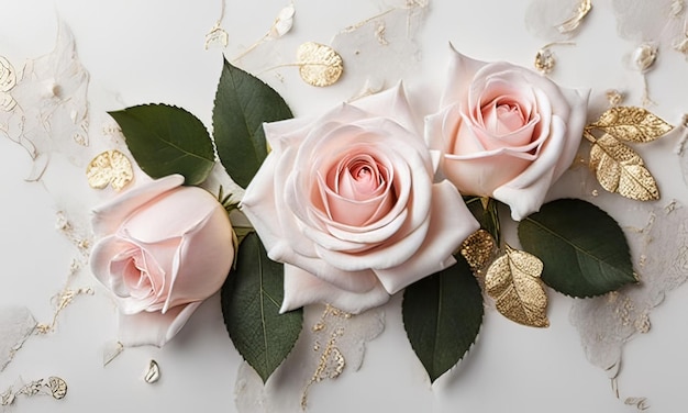 Photo a bouquet of pink roses with gold leaves and a gold ribbon