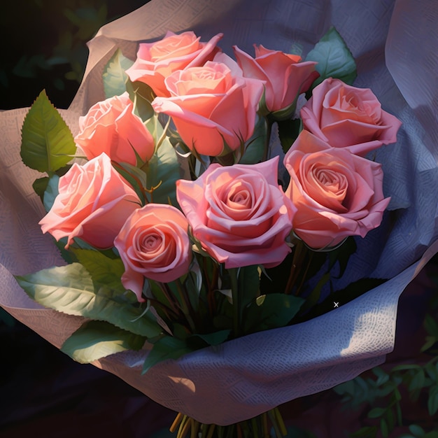 a bouquet of pink roses with green leaves and a white ribbon around the top.