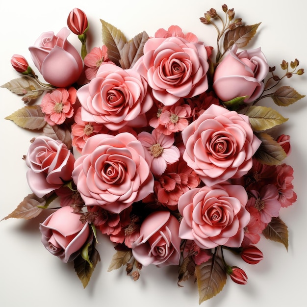 a bouquet of pink roses with leaves and brown leaves.