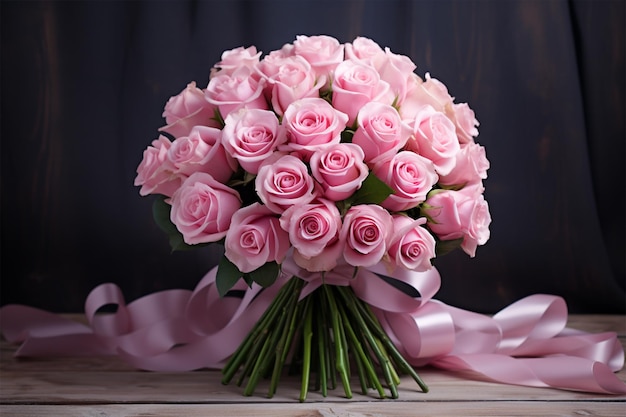 A bouquet of pink roses with a ribbon tied around the neck.