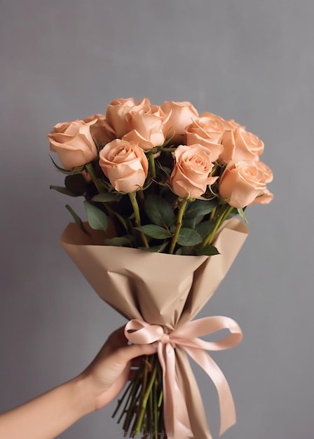 букет розовых роз с лентой, привязанной к шее