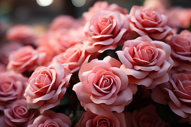 배경에 "사랑"이라는 단어가 있는 분홍 장미 꽃다발.